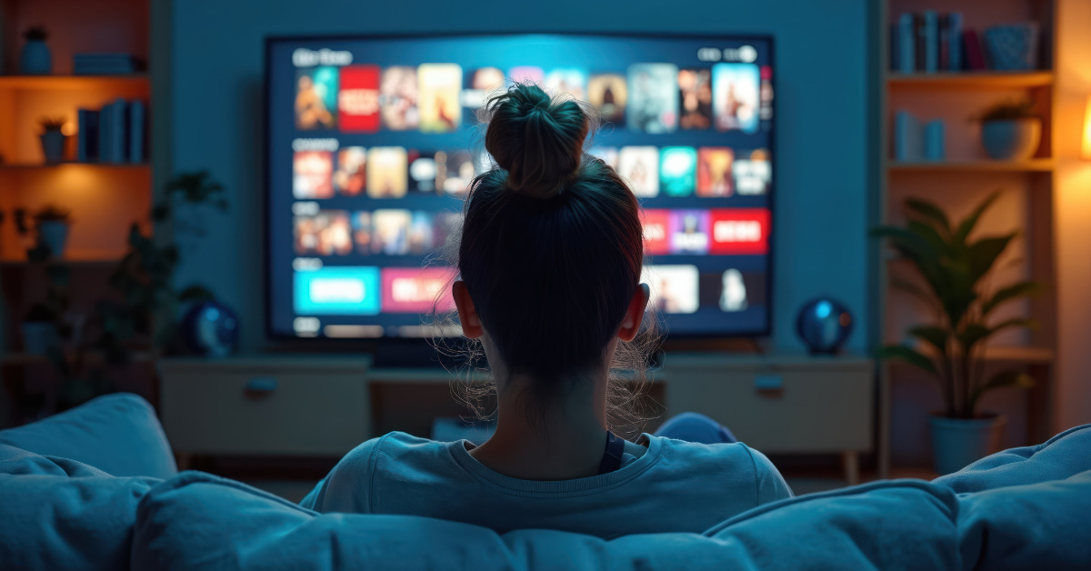 une femme assise sur un canapé devant écran TV homescreen écran d'accueil CTV